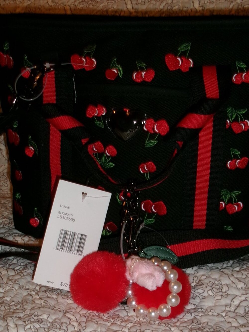 NWT Luv Betsey Cherry Zip Up Crossbody Badoe Tote with Charms